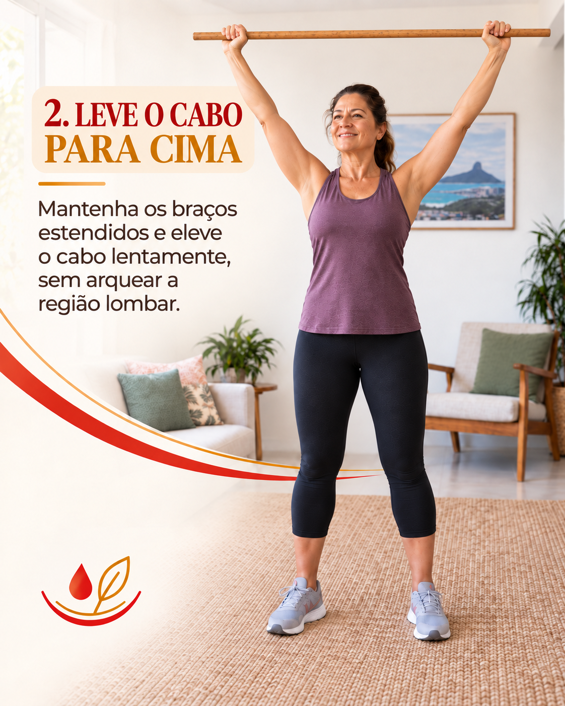 Mulher elevando o cabo de vassoura acima da cabeça